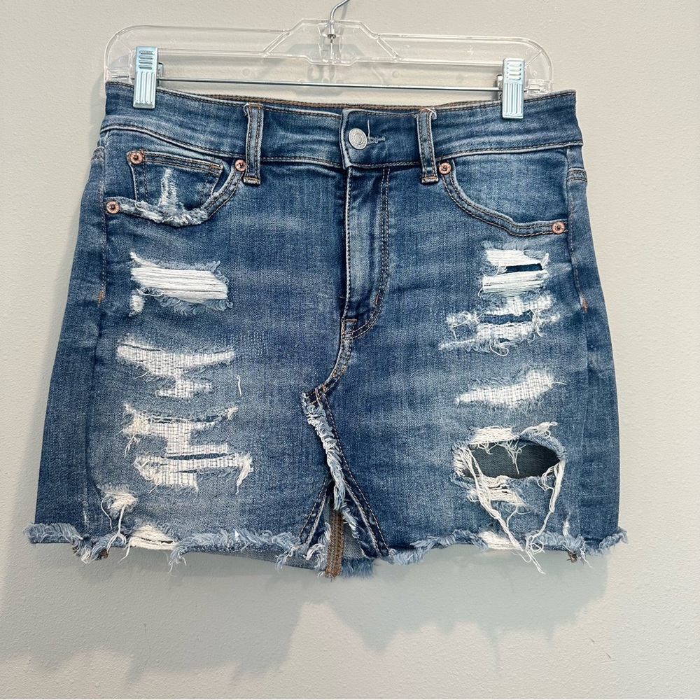 American Eagle Outfitters Blue Hi-Rise Mini Skirt Casual Distressed Jean Denim